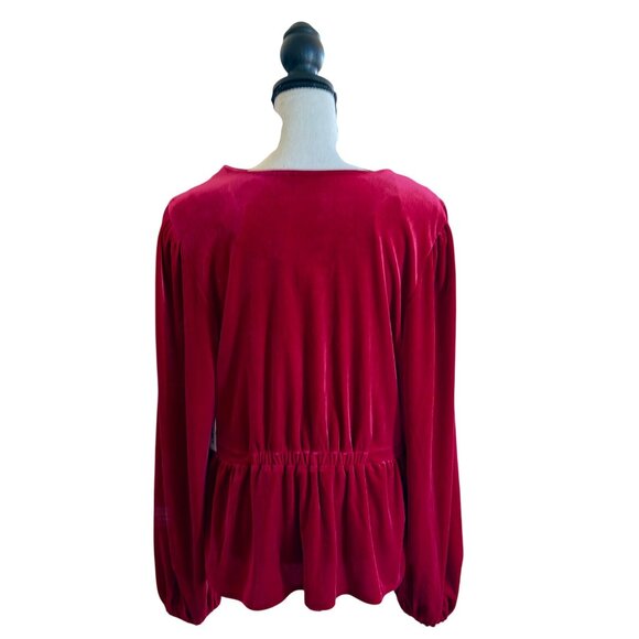 Old Navy Red Velvet Babydoll Peplum Blouse Holiday Balloon Sleeves  BRAND NEW - Picture 3 of 3